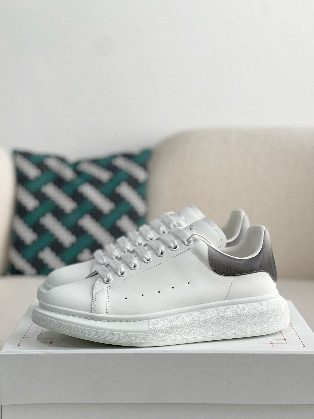 Alexander McQueen Men’s White Leather Oversized Sneakers with Gunmetal Metallic Heel