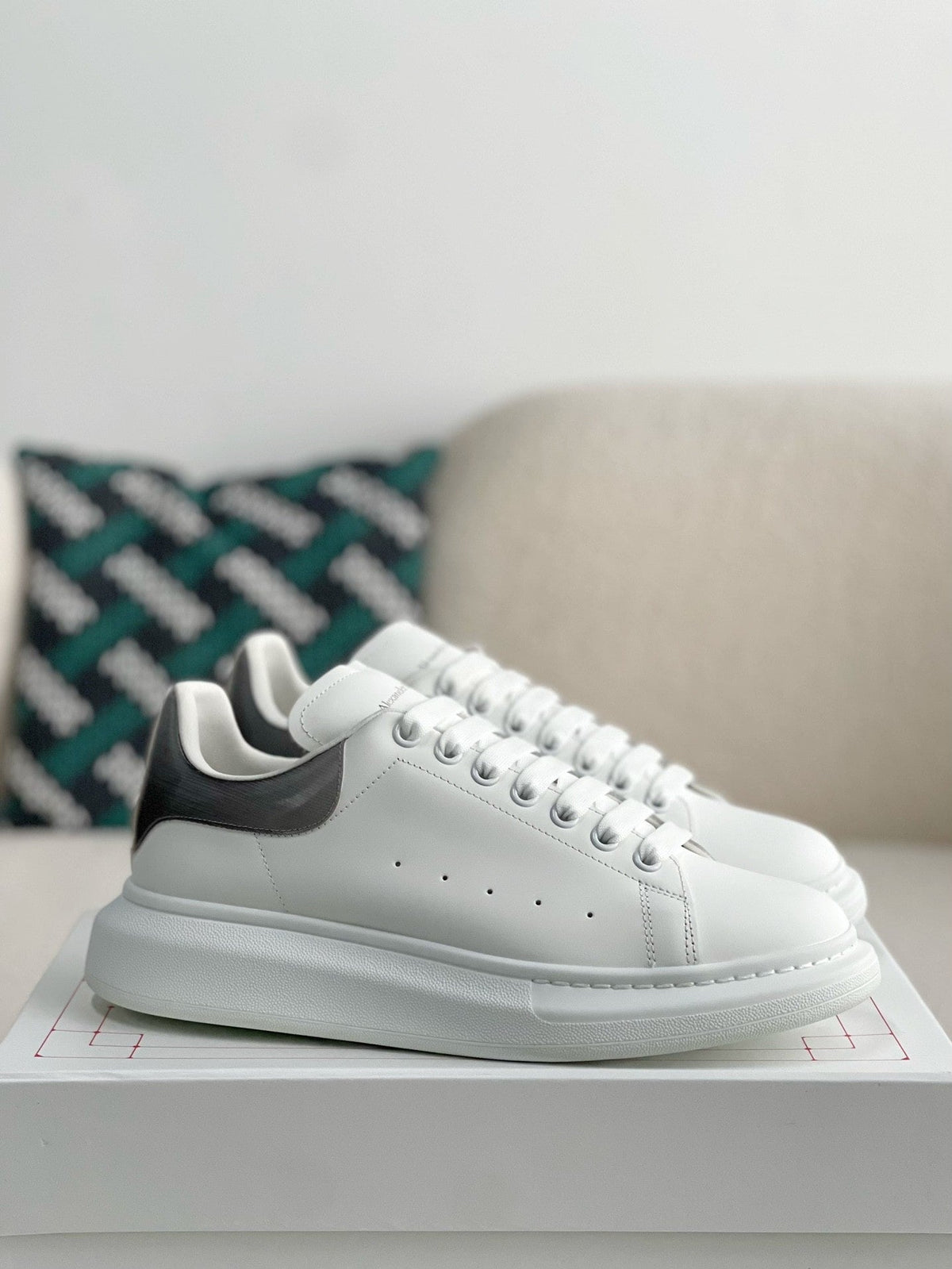 Alexander McQueen Men’s White Leather Oversized Sneakers with Gunmetal Metallic Heel