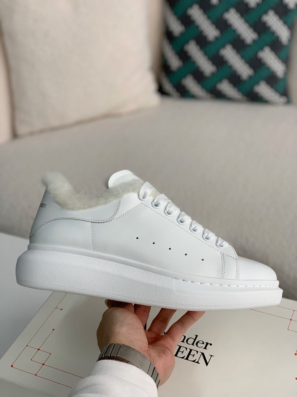 Alexander McQueen Men’s White Leather Oversized Sneakers with Shearling Lining
