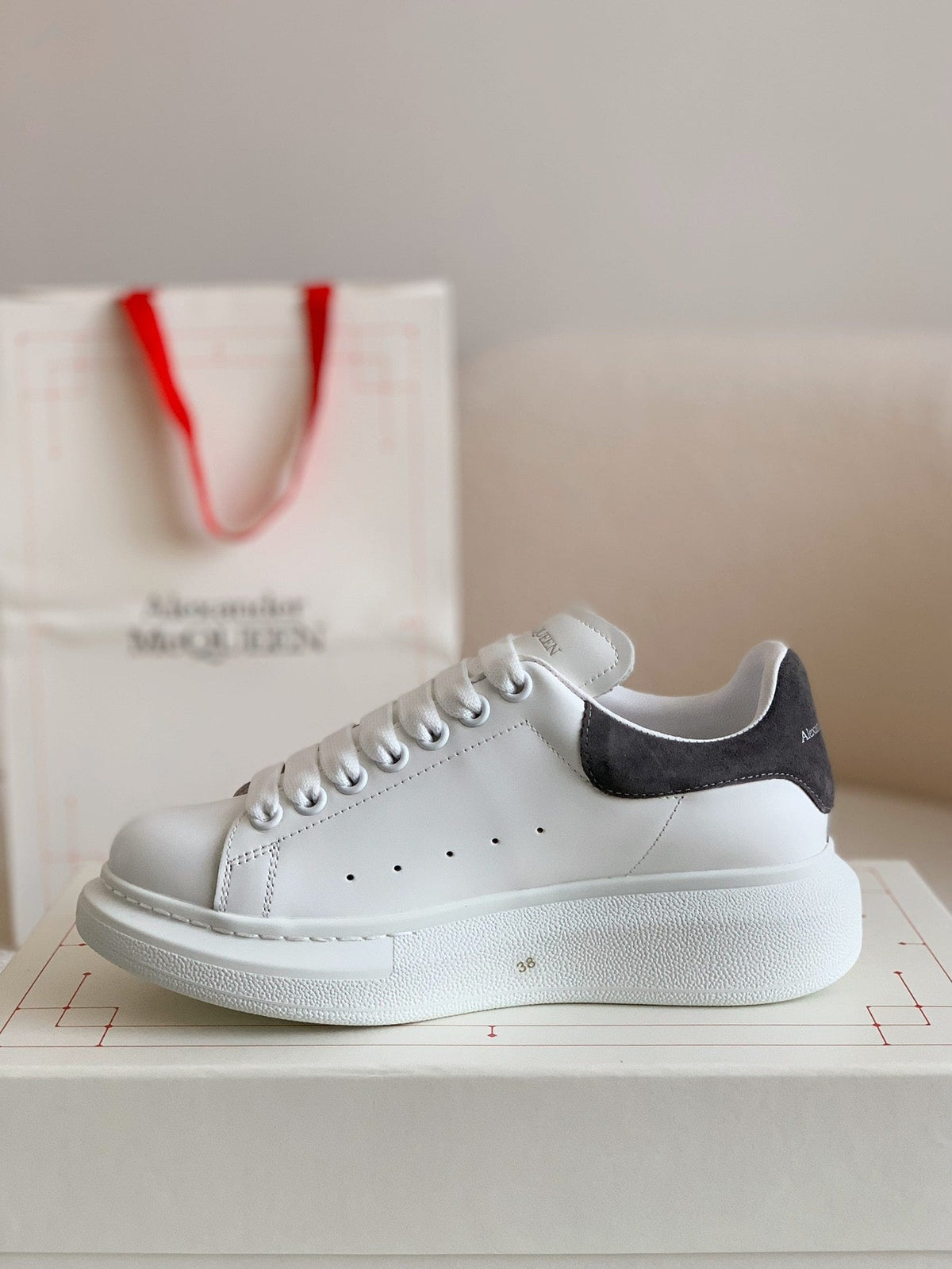 Alexander McQueen White Leather Oversized Sneakers with Black Suede Heel Tab