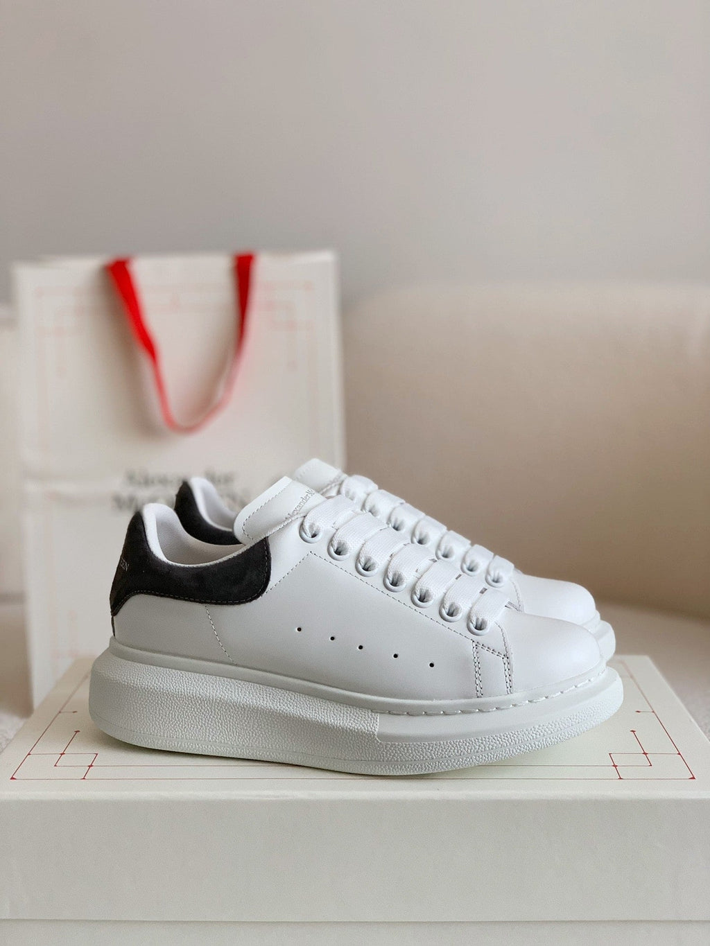 Alexander McQueen White Leather Oversized Sneakers with Black Suede Heel Tab