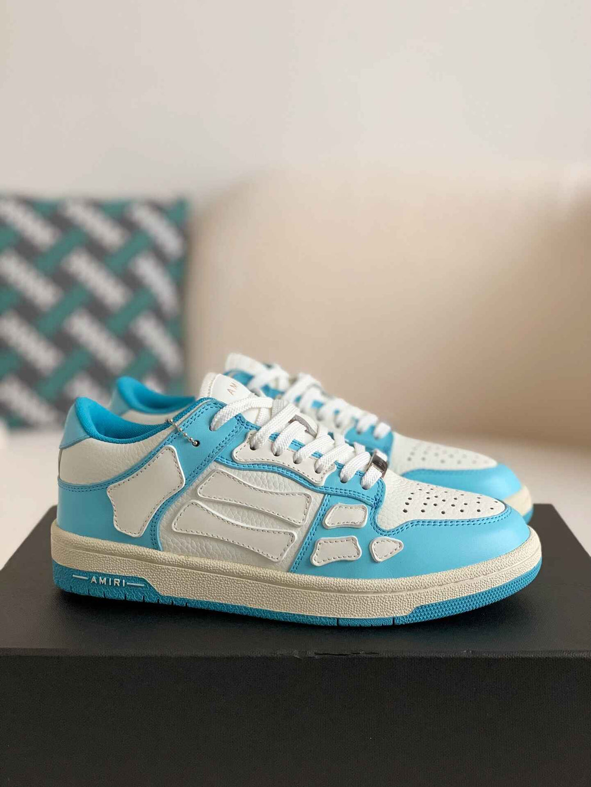 Amiri Skel Top Low – White & Sky Blue Grained Leather