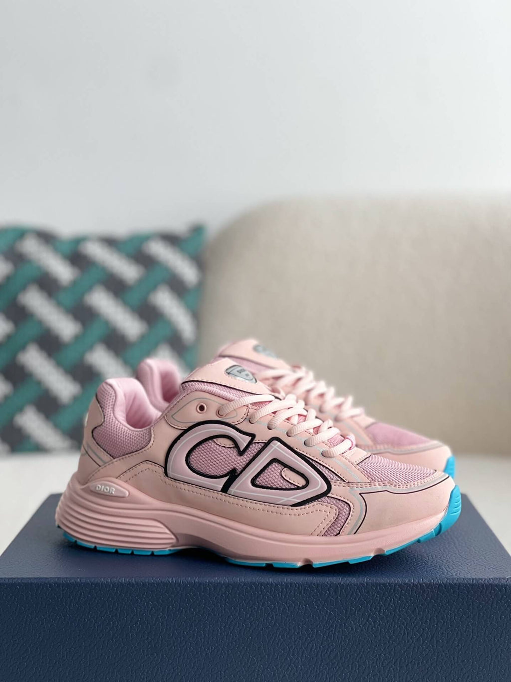 Dior B30 Low-Top Sneaker Pale Pink Leather and Mesh with Blue Rubber Sole