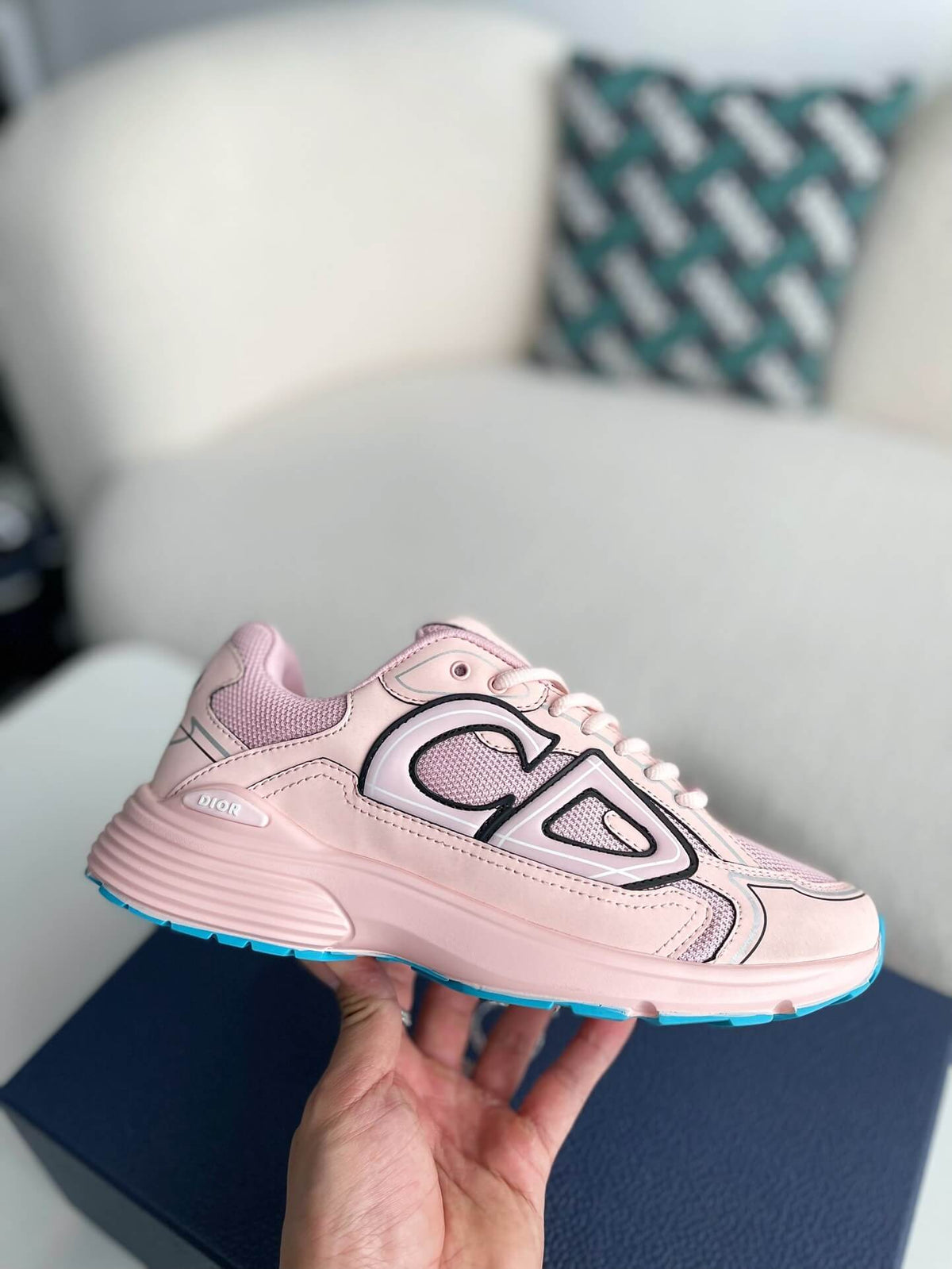 Dior B30 Low-Top Sneaker Pale Pink Leather and Mesh with Blue Rubber Sole