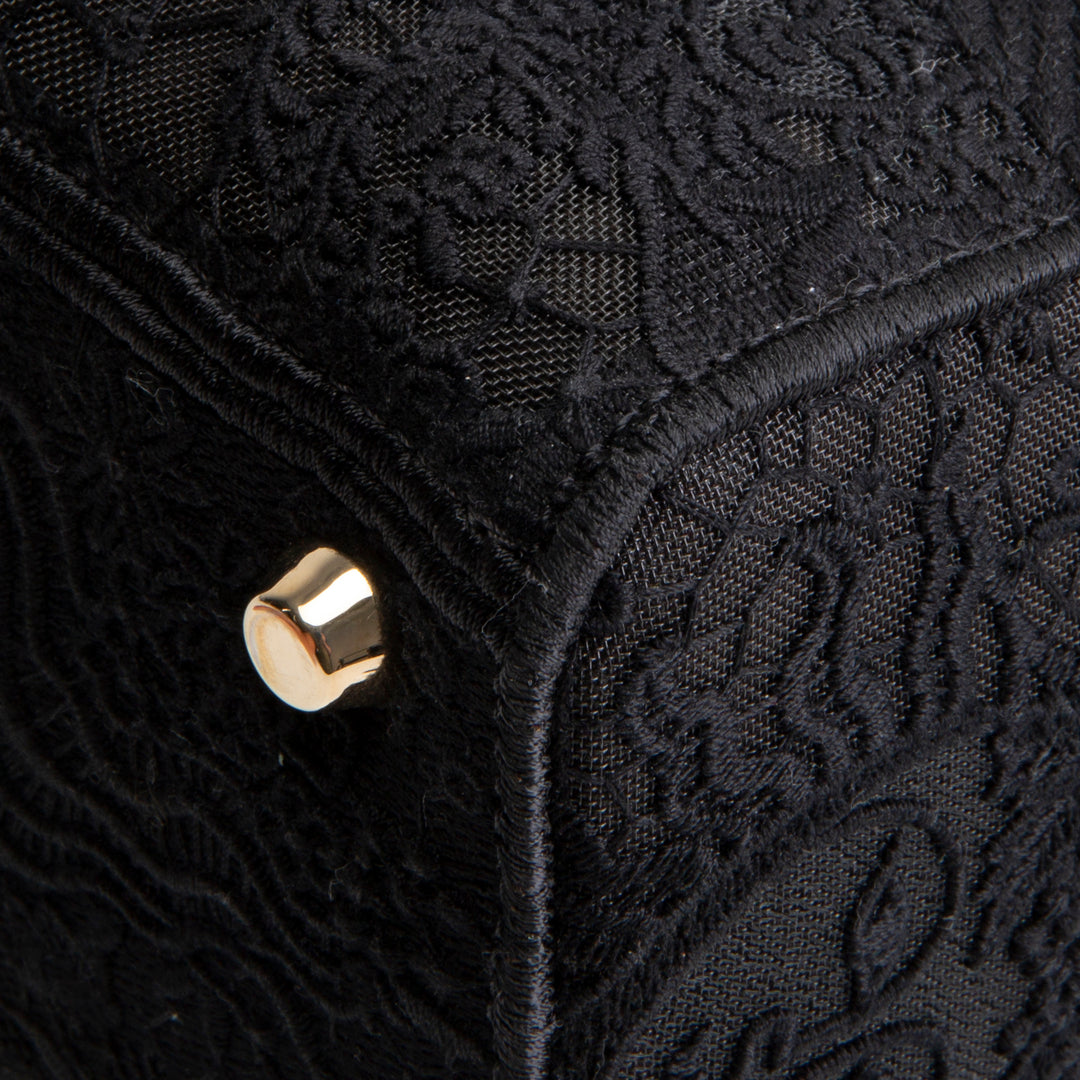 Designer-Inspired Black Embroidered Canvas Top-Handle Bag (Lady D-Lite Style)
