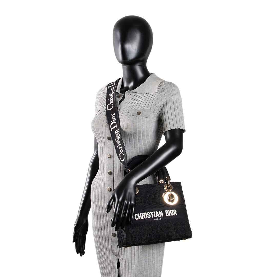 Designer-Inspired Black Embroidered Canvas Top-Handle Bag (Lady D-Lite Style)
