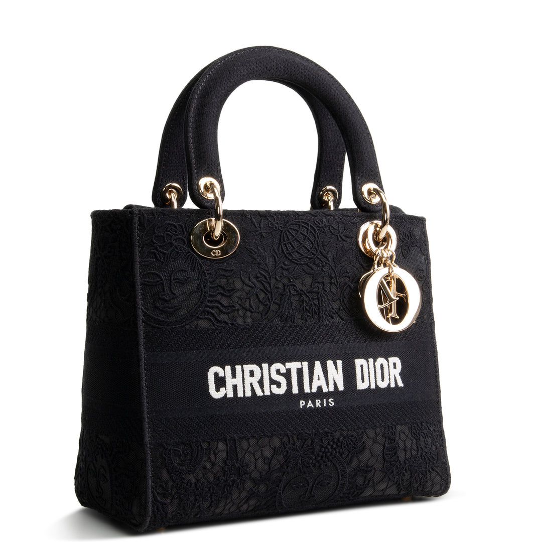 Designer-Inspired Black Embroidered Canvas Top-Handle Bag (Lady D-Lite Style)