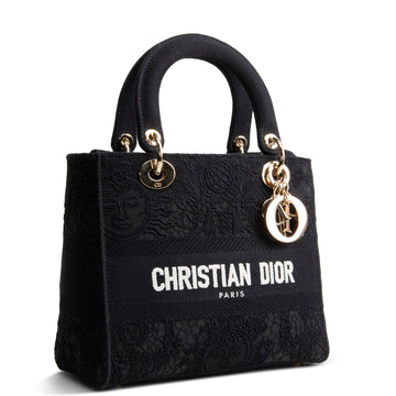 Designer-Inspired Black Embroidered Canvas Top-Handle Bag (Lady D-Lite Style)