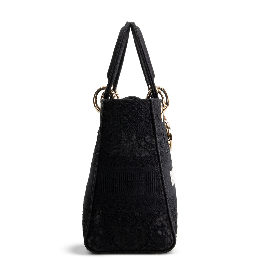 Designer-Inspired Black Embroidered Canvas Top-Handle Bag (Lady D-Lite Style)