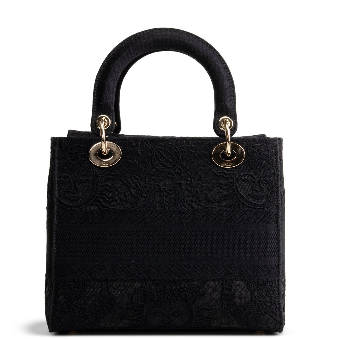 Designer-Inspired Black Embroidered Canvas Top-Handle Bag (Lady D-Lite Style)