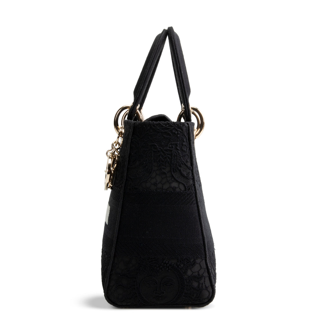 Designer-Inspired Black Embroidered Canvas Top-Handle Bag (Lady D-Lite Style)