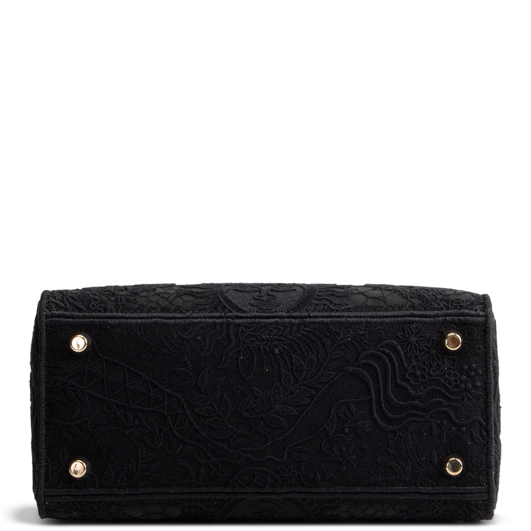 Designer-Inspired Black Embroidered Canvas Top-Handle Bag (Lady D-Lite Style)