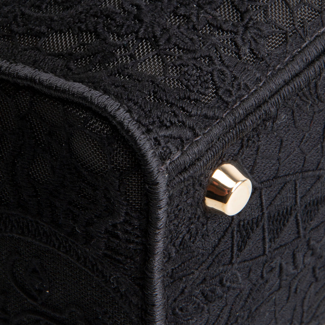 Designer-Inspired Black Embroidered Canvas Top-Handle Bag (Lady D-Lite Style)
