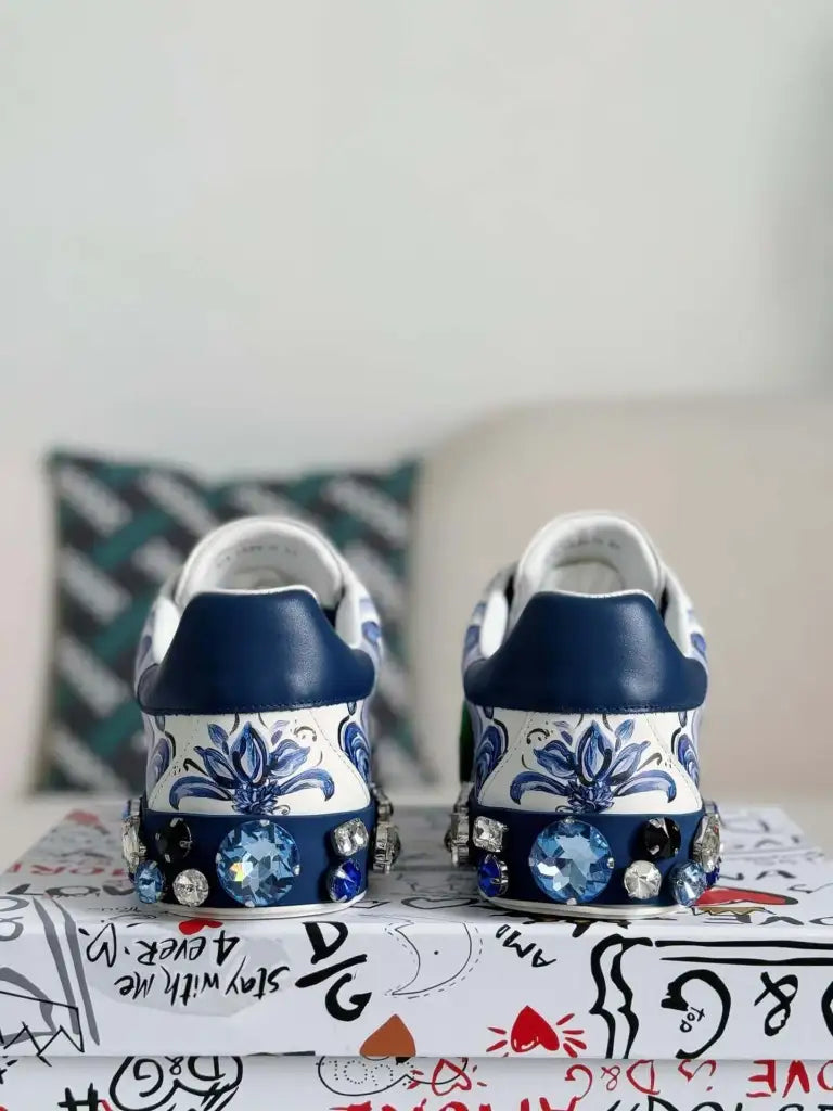 Dolce & Gabbana Portofino Sneaker – Blue & White Majolica Print with Crystals