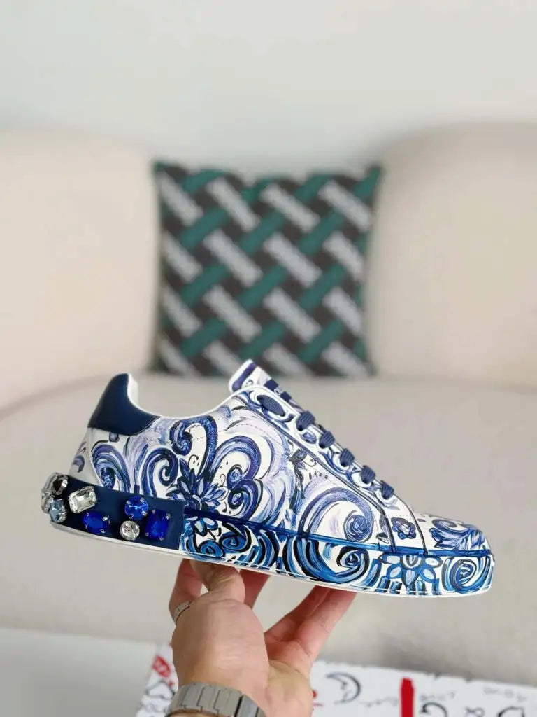 Dolce & Gabbana Portofino Sneaker – Blue & White Majolica Print with Crystals