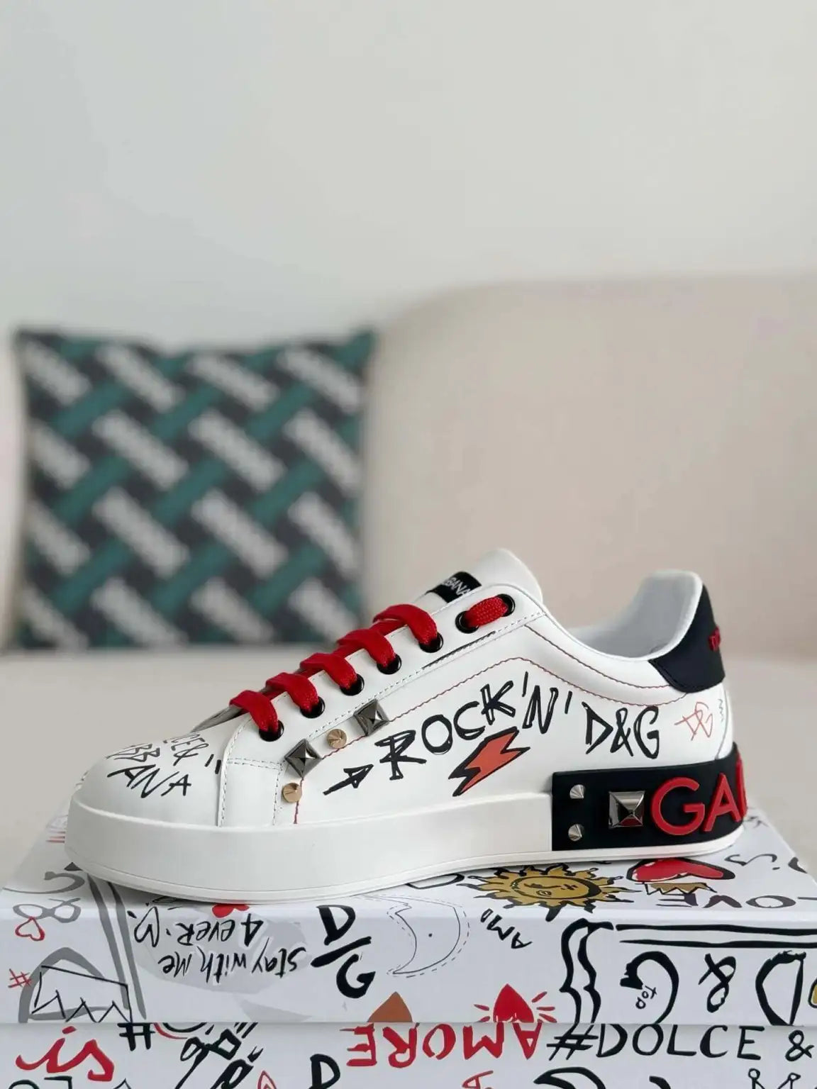 Dolce & Gabbana Portofino Sneaker – White Graffiti & Gold Crest