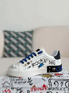 Dolce & Gabbana Portofino Sneaker – White Graffiti & Silver Crest