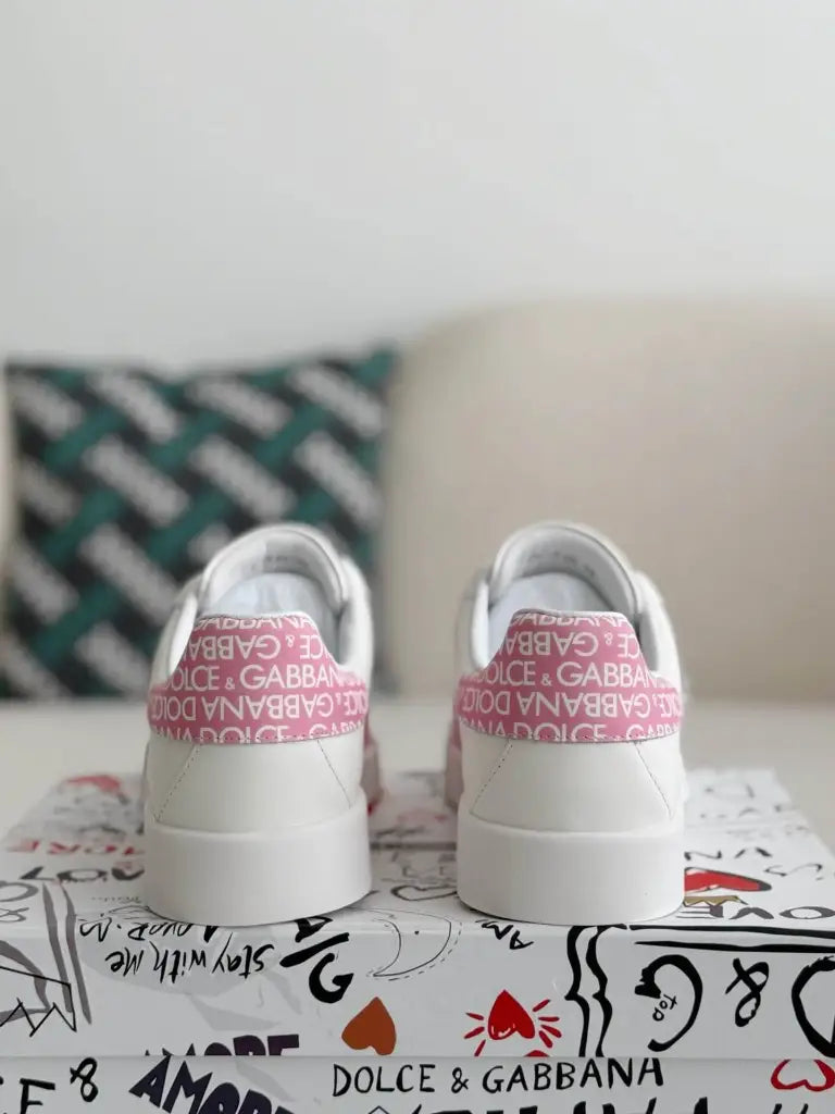 Dolce & Gabbana Portofino Sneaker – White & Pink Logo Velcro