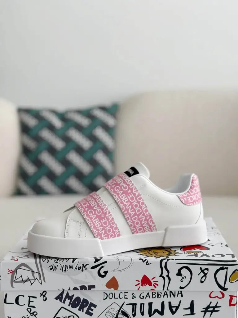 Dolce & Gabbana Portofino Sneaker – White & Pink Logo Velcro