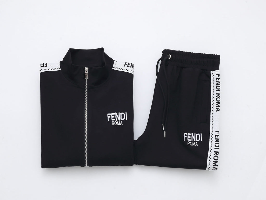 Fendi Roma Logo Striped Tracksuit Set - Black Technical Knit Zip Jacket & Pants