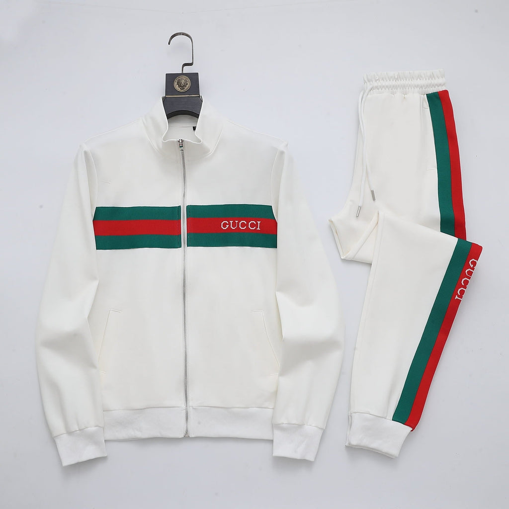 Gucci Web Stripe Tracksuit Set - White Technical Knit Zip Jacket & Pants