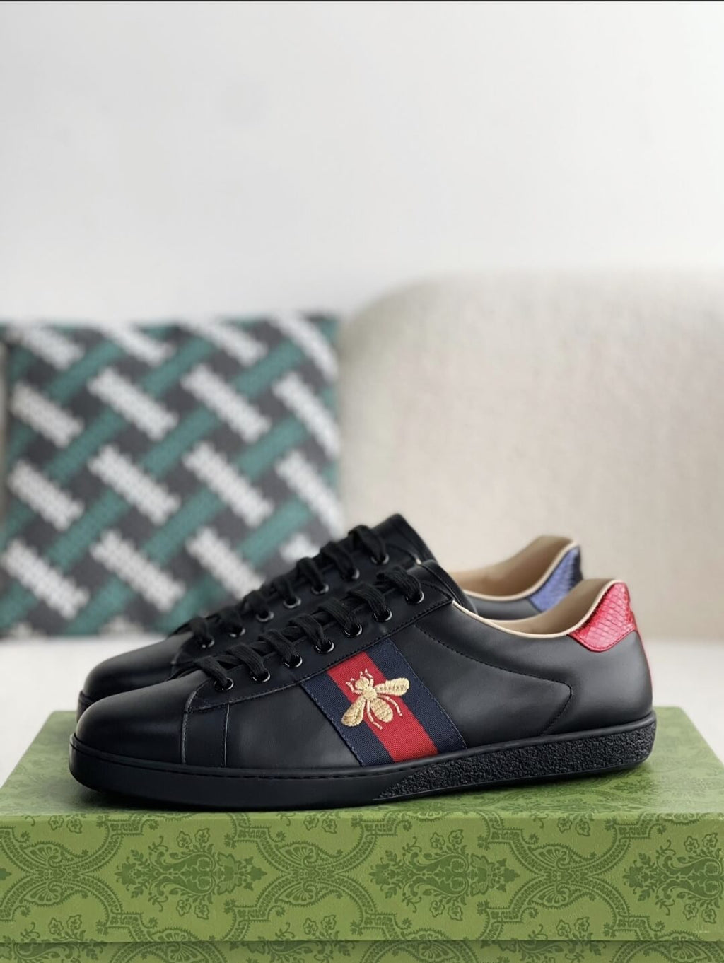 Gucci Ace Sneaker Black Leather with Web Stripe and Bee Embroidery