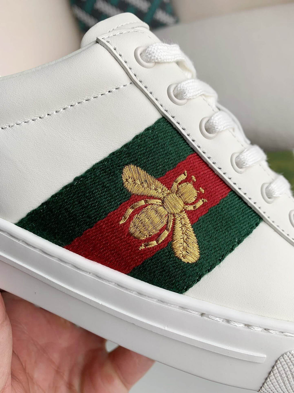Gucci Ace Sneaker White Leather with Web Stripe and Bee Embroidery