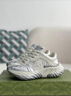 Gucci GG Runner Sneaker – Metallic Silver Leather & White Mesh