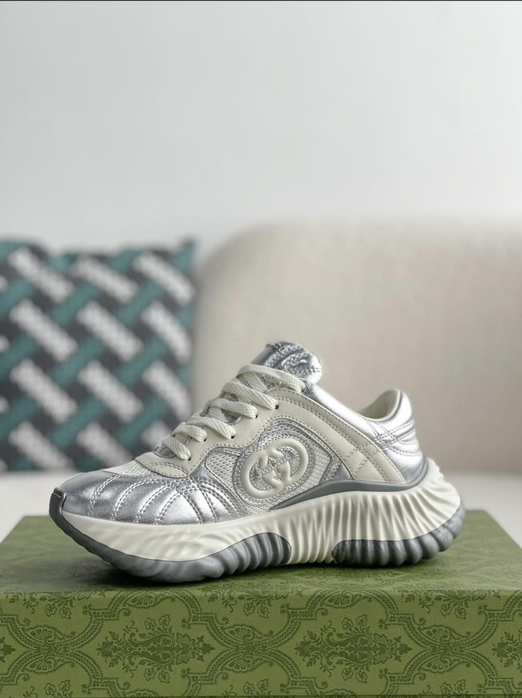 Gucci GG Runner Sneaker – Metallic Silver Leather & White Mesh