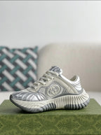 Gucci GG Runner Sneaker – Metallic Silver Leather & White Mesh