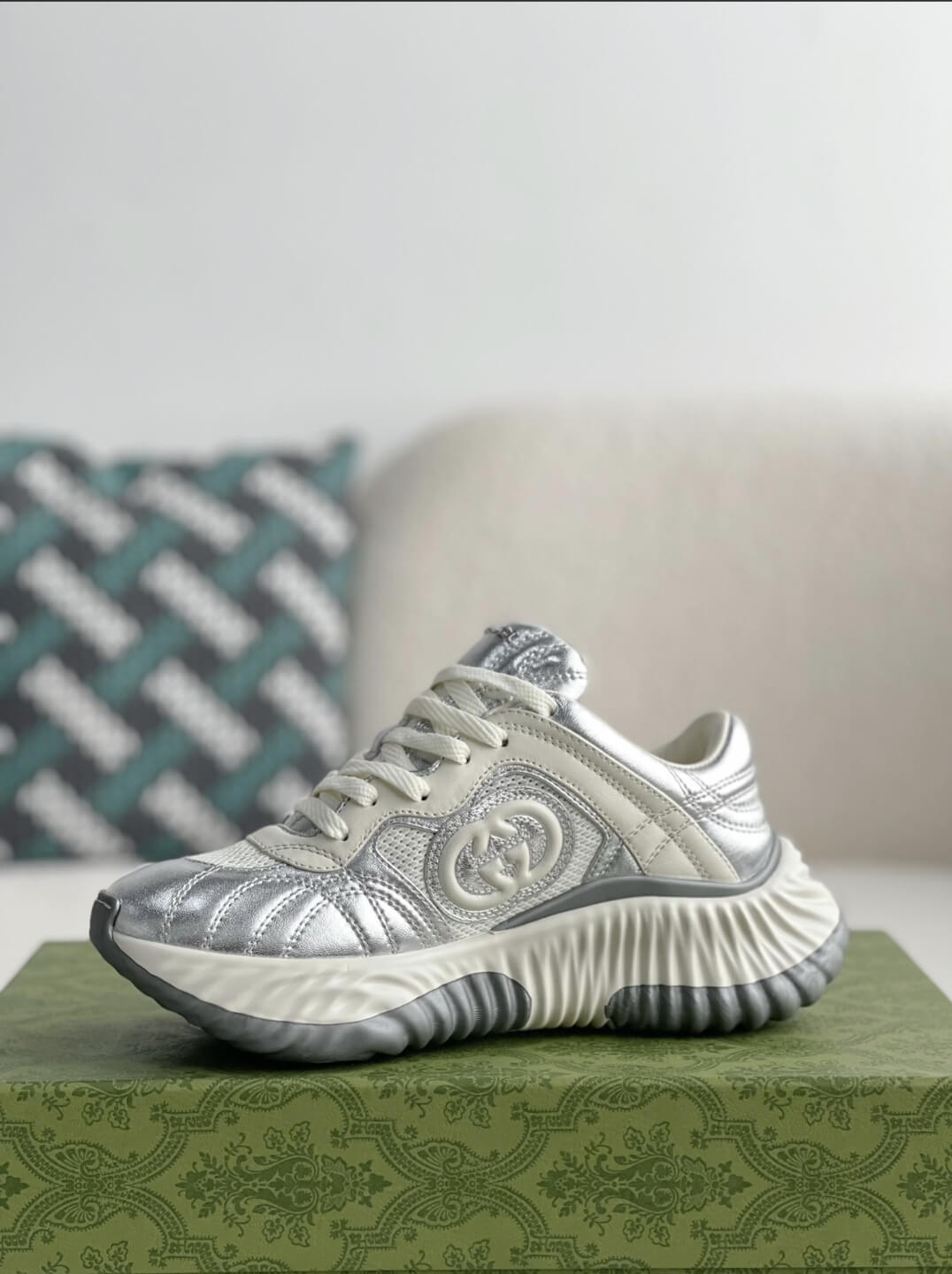 Gucci GG Runner Sneaker – Metallic Silver Leather & White Mesh