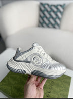 Gucci GG Runner Sneaker – Metallic Silver Leather & White Mesh