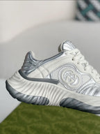 Gucci GG Runner Sneaker – Metallic Silver Leather & White Mesh