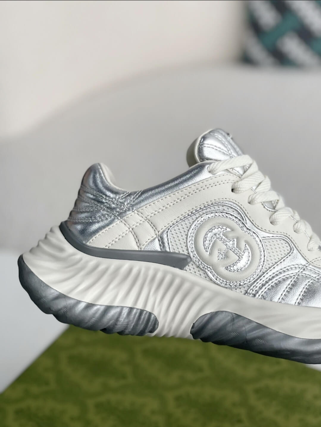 Gucci GG Runner Sneaker – Metallic Silver Leather & White Mesh