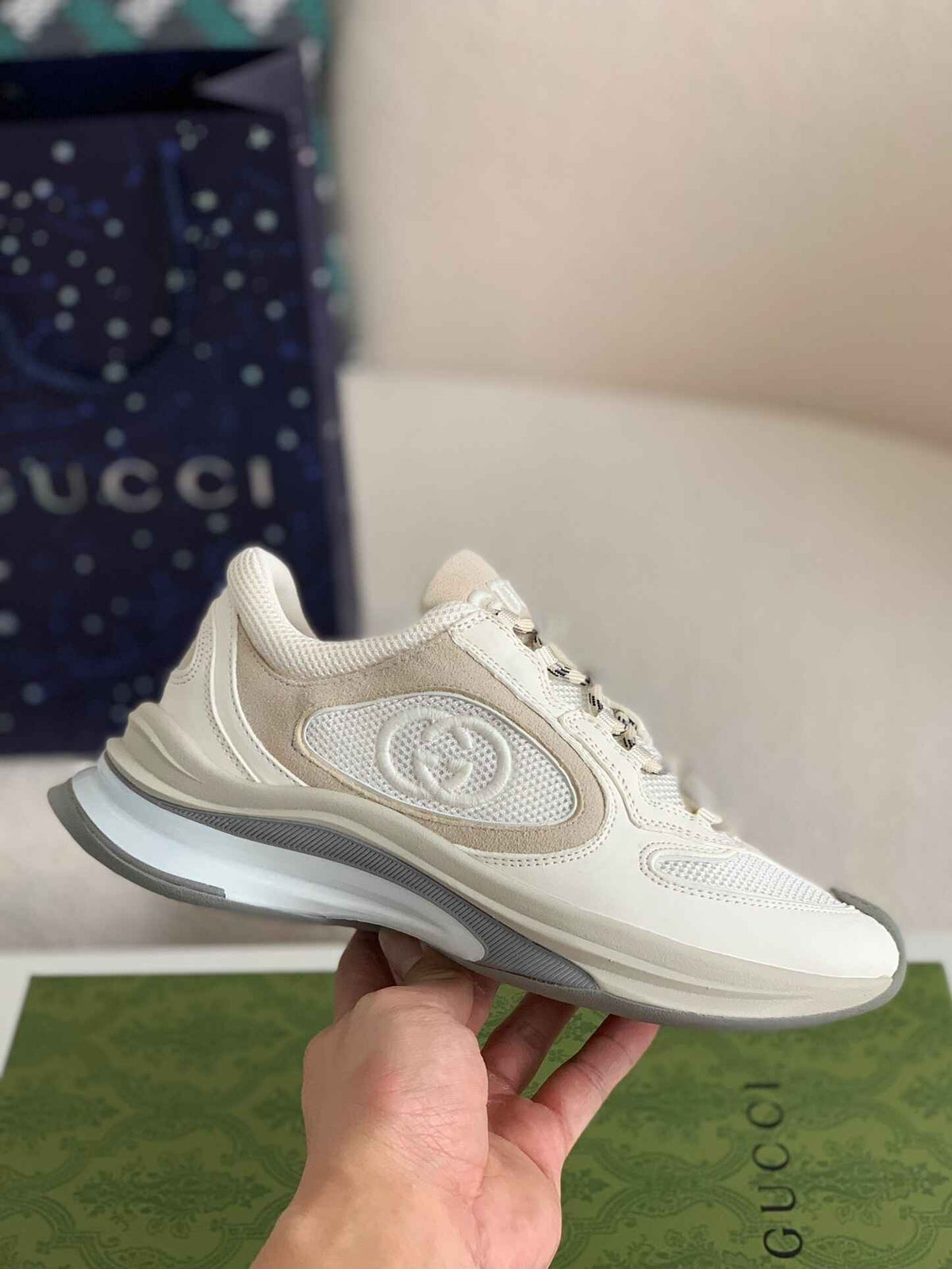 Gucci Men's Runner Sneaker – White & Grey Mesh Leath