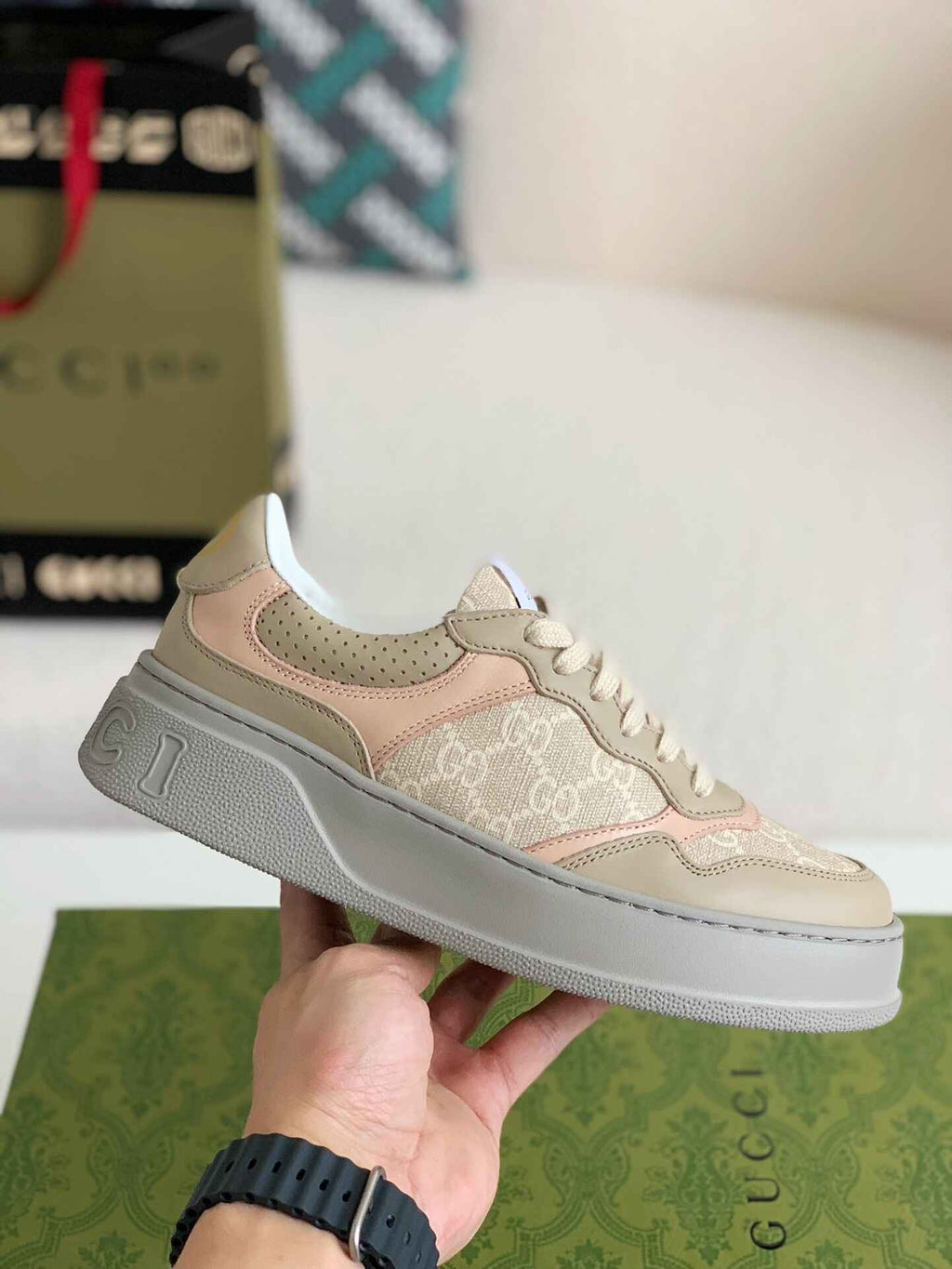 Gucci Re-Web Sneaker – Beige GG Canvas & Pink Leather