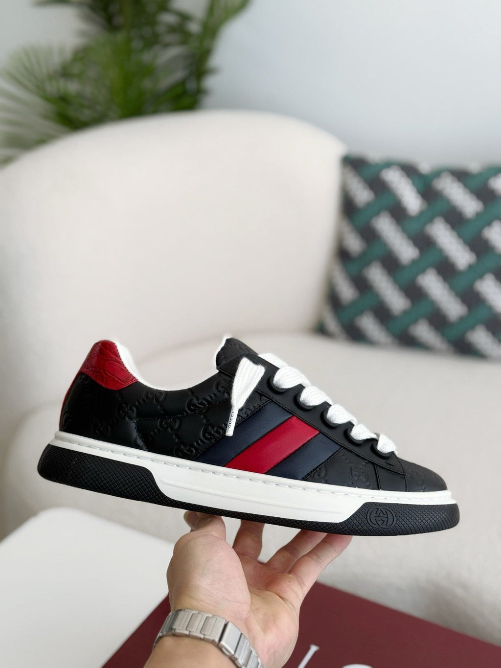 Gucci Re-Web Sneaker – Black GG Embossed Leather with Red & Blue Web