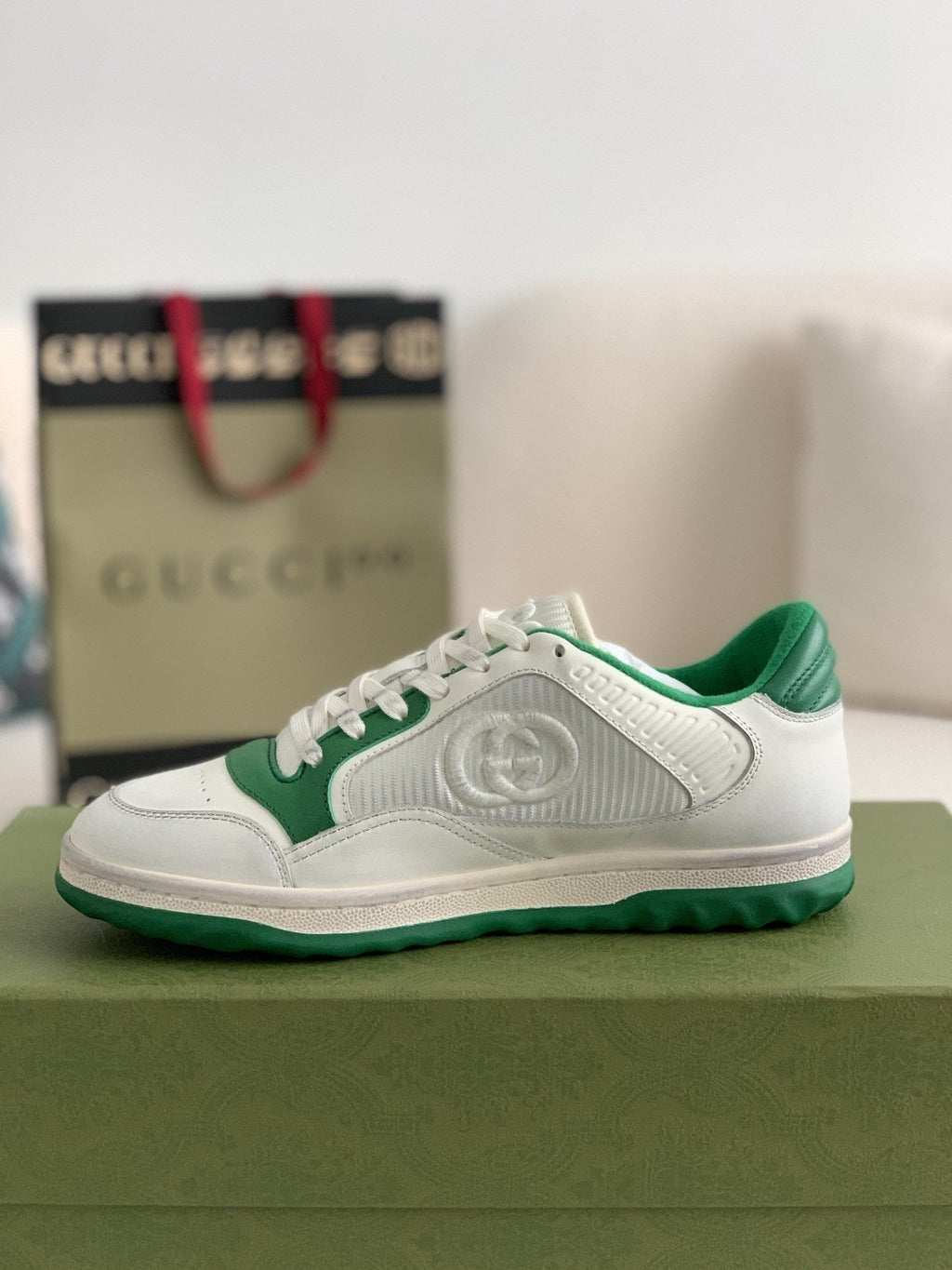 Gucci Re-Web Sneaker – White Leather & Green Mesh
