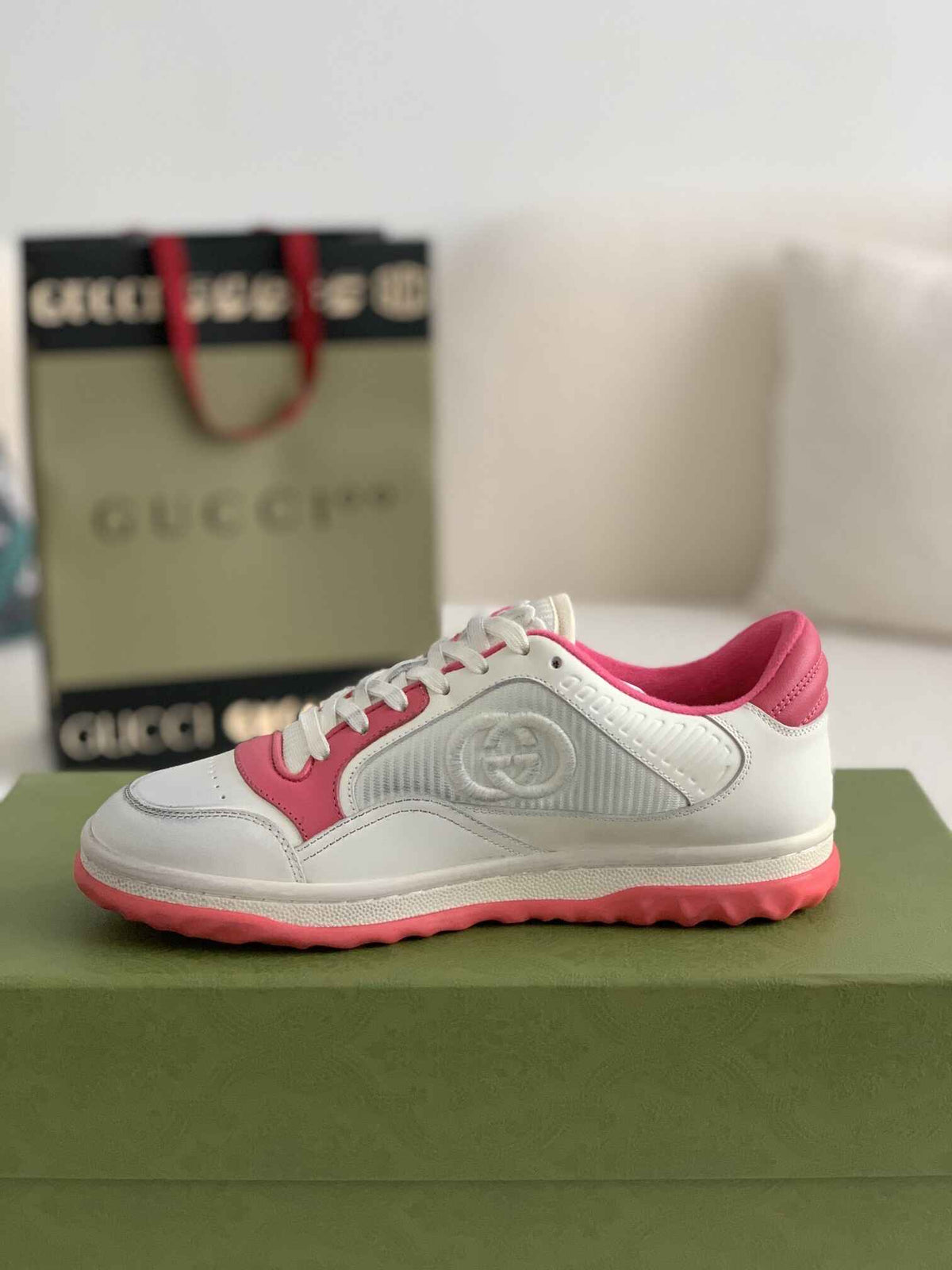Gucci Re-Web Sneaker – White & Pink Leather Mesh