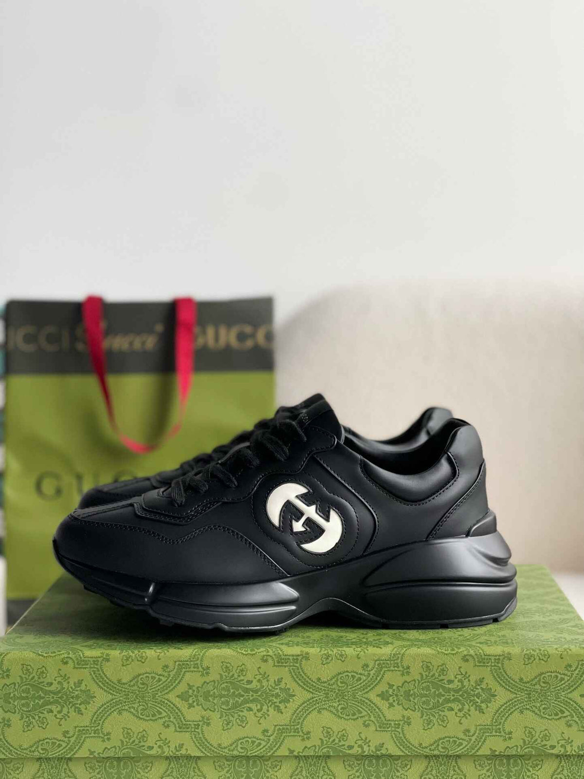 Gucci Rhyton Sneaker – Black Leather with White Interlocking G