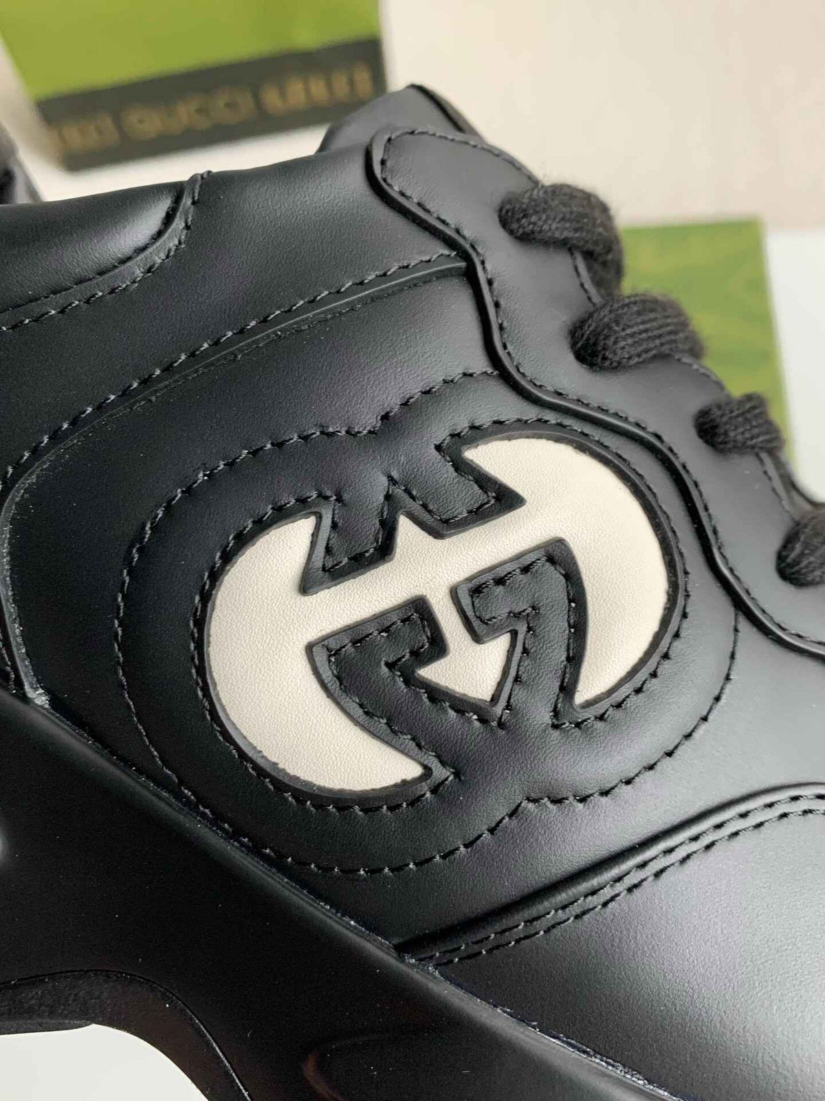 Gucci Rhyton Sneaker – Black Leather with White Interlocking G