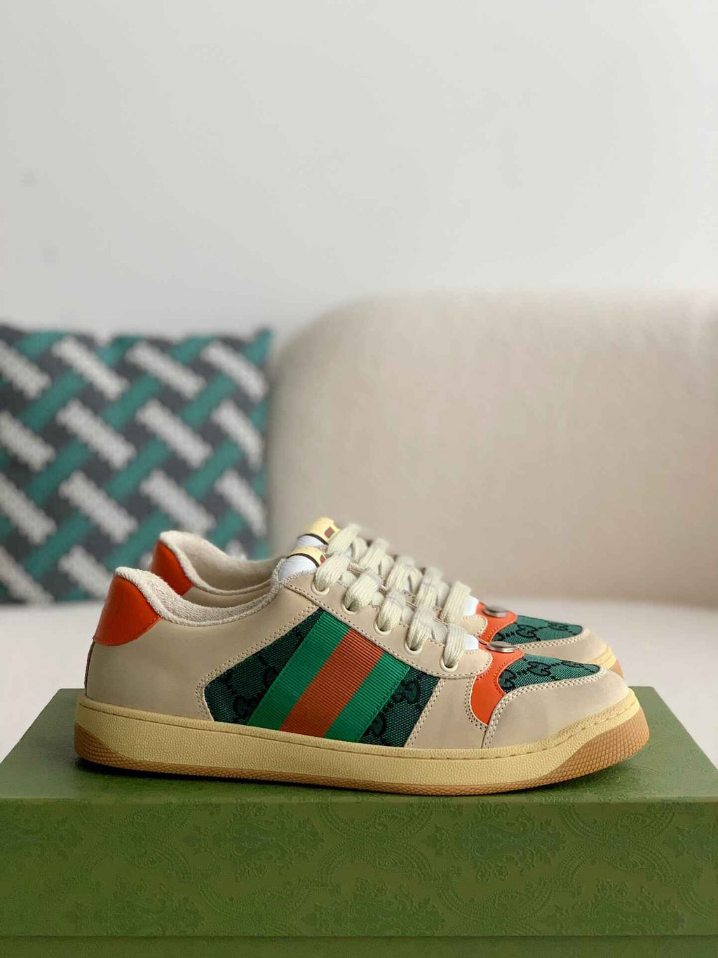 Gucci Screener Sneaker – Beige Leather with Green & Orange Web