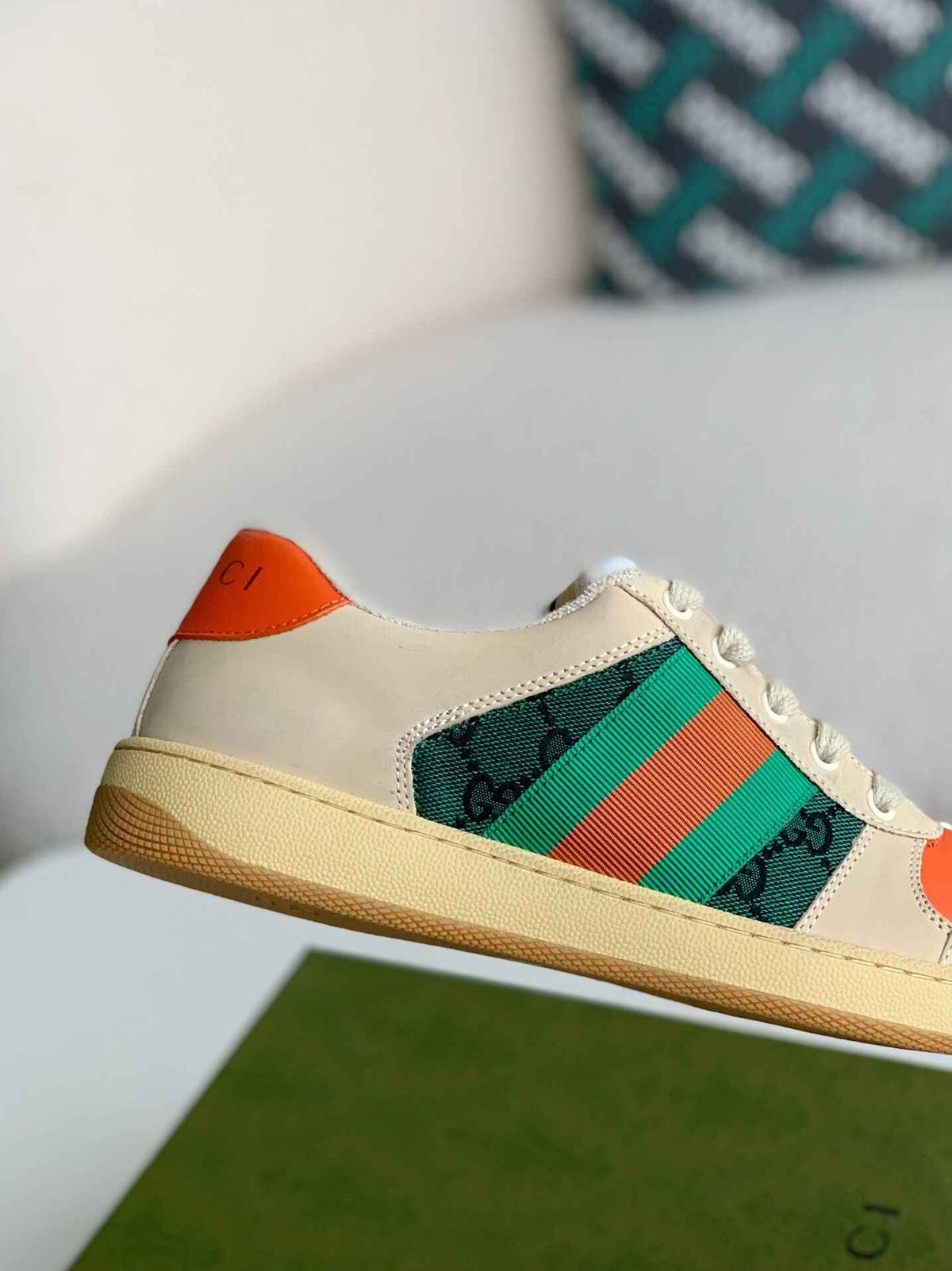 Gucci Screener Sneaker – Beige Leather with Green & Orange Web