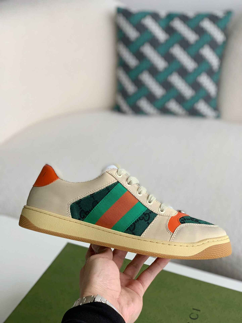 Gucci Screener Sneaker – Beige Leather with Green & Orange Web