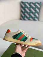 Gucci Screener Sneaker – Beige Leather with Green & Orange Web