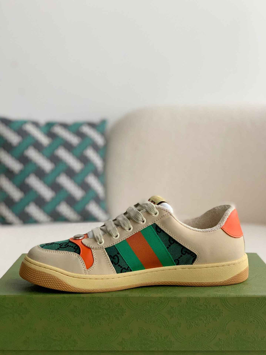 Gucci Screener Sneaker – Beige Leather with Green & Orange Web
