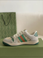 Gucci Screener Sneaker – Beige & Grey Leather with Green/Orange Web