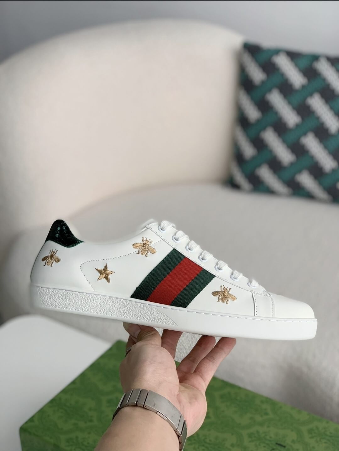 Gucci Ace Bee & Star Embroidered Web Stripe Sneaker White Leather