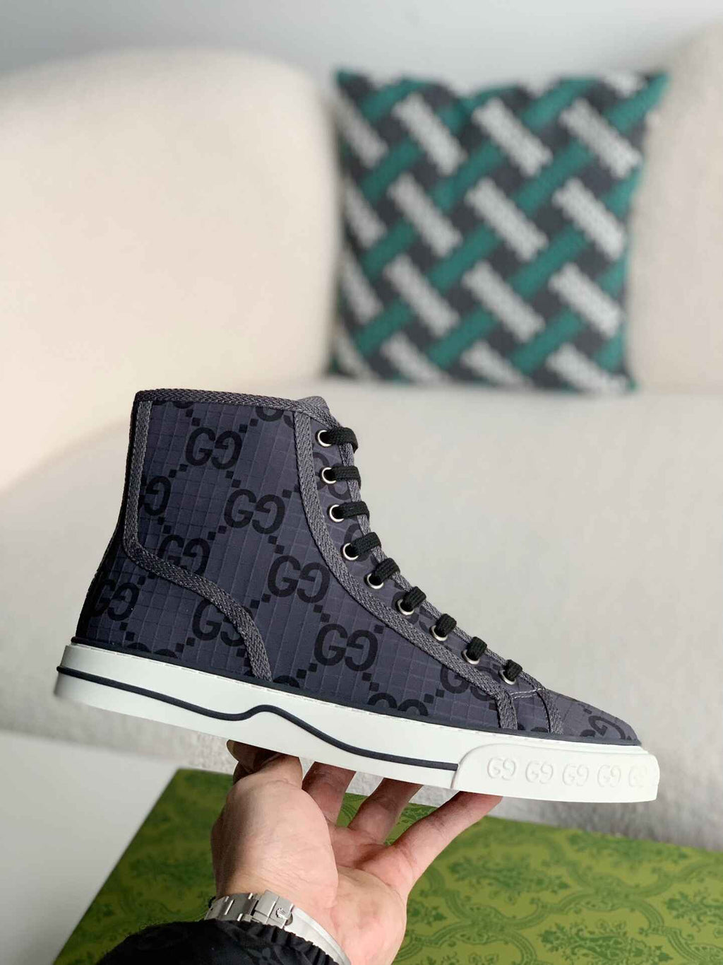 Gucci Tennis 1977 High-Top Sneaker – Charcoal & Black GG Nylon