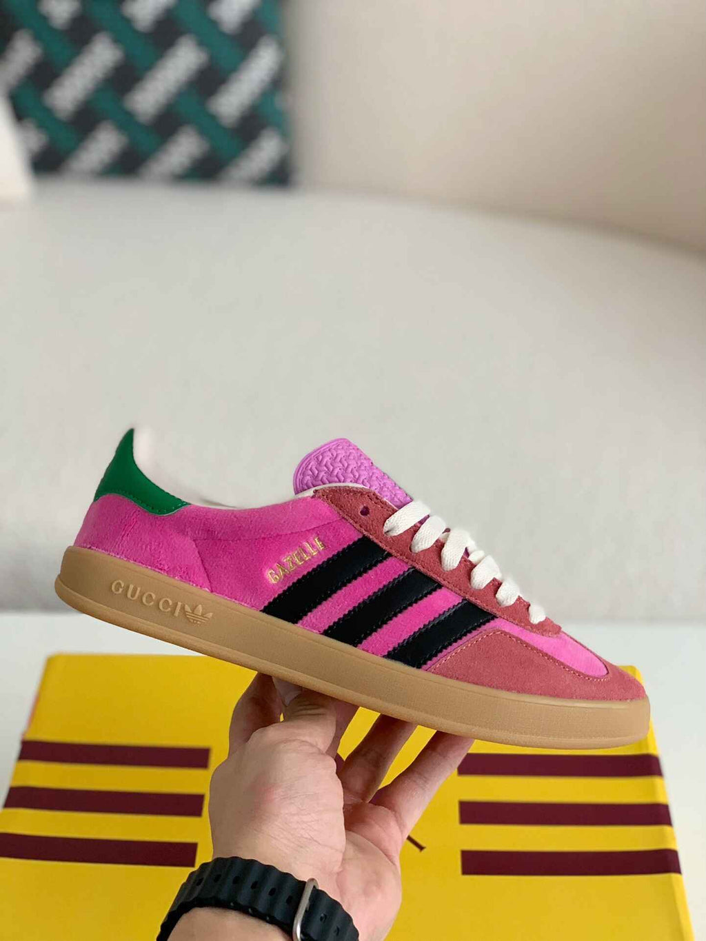 Adidas x Gucci Gazelle Sneaker in Pink Suede with Black Stripes and Green Heel Tab